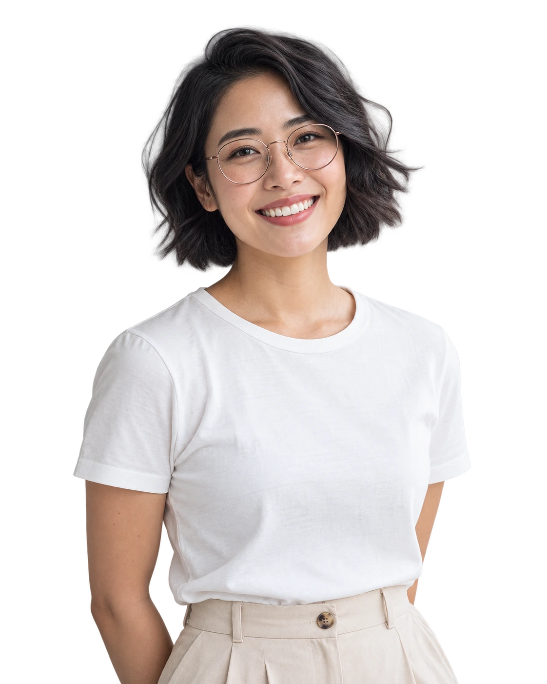 ภาพประกอบสร้างด้วย AI: ผู้หญิงผมสั้นสวมแว่นและเสื้อบริษัท TIIS ยิ้มอย่างเป็นธรรมชาติ